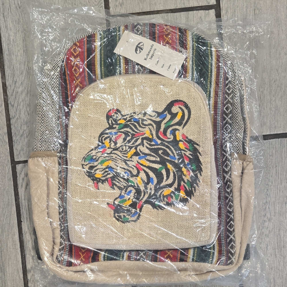 Kathmandu Imports Hemp Boho Backpack Tiger Embroidered Handmade Nepal Eco Frdly